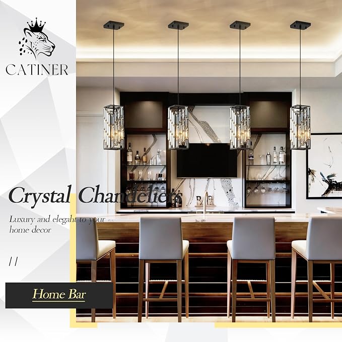 CATINER Black Crystal Pendant Light, Mini Hanging Light, E26 | Black crystal pendant light with adjustable 59" cord, E26 base, dimmable, ideal for kitchen island lighting