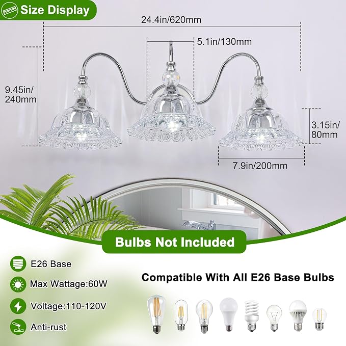 Chrome Bathroom Vanity Light Fixtures 3 Lights Vanity Lights for Bathroom with Floral Crystal Glass Shade Modern Wall Sconce Light for Mirror(Exclude E26 Bulb)