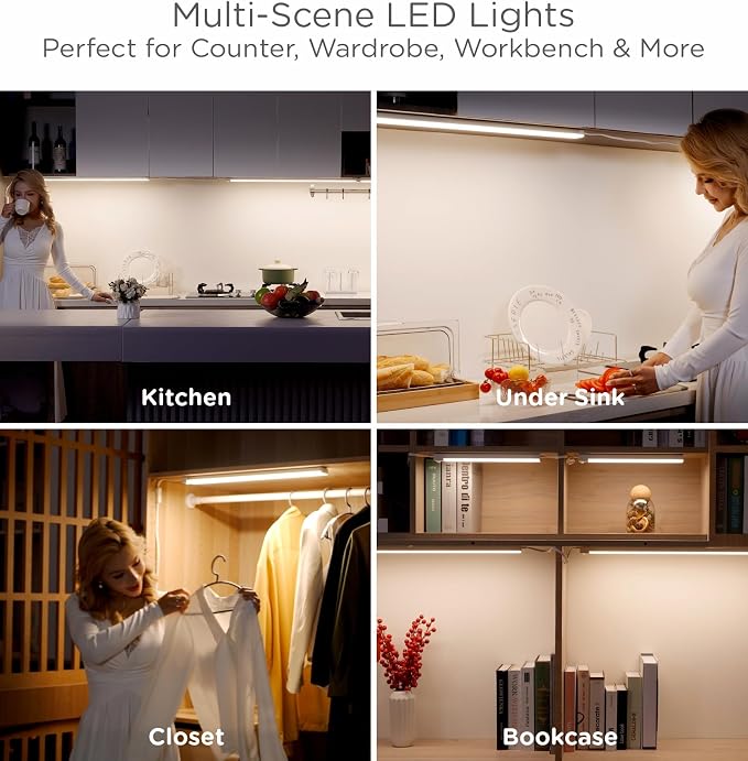 Under Cabinet Lighting Plug in 12 Inch, 120V Motion Sensor Lights Indoor, 3CCT 3000/4000/5000K, Aluminum Linkable Super Bright LED Counter Light with Timer for Kitchen, Closet, White, 2 Pack
