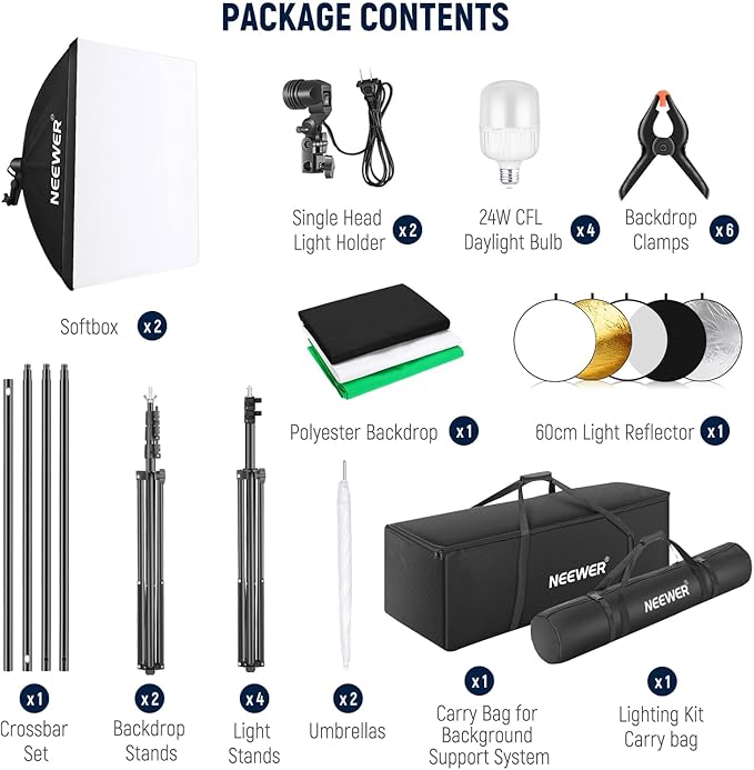 NEEWER Photography Lighting Kit with Backdrops,8.5x10ft Backdrop Stands,5700K 800W Equivalent 24W LED Umbrella Softbox Continuous Lighting,60cm Light Reflector, Photo Studio Equipment for Video Shoot