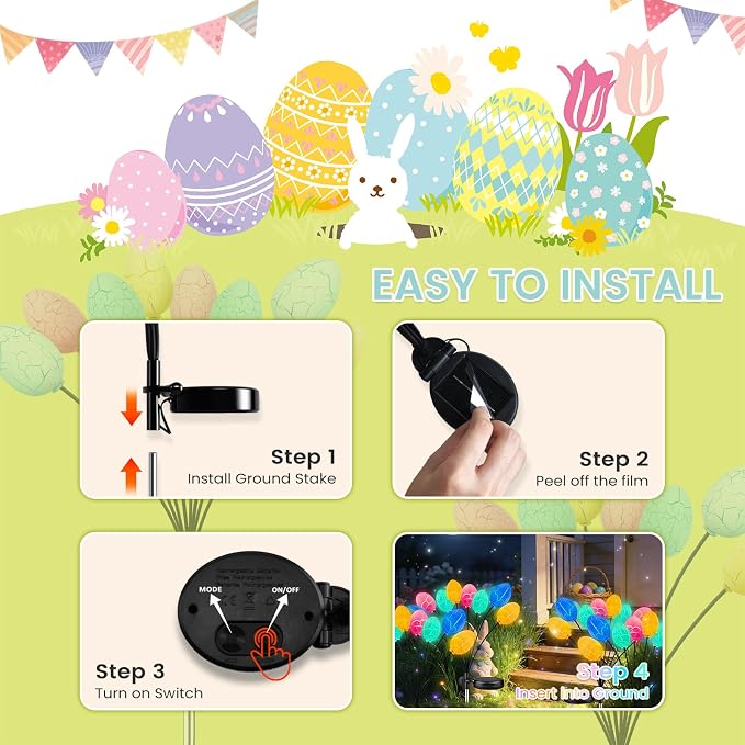 4 Pack 32 Led Solar Easter Egg Lights, Colorful Garden Swaying Firefly Lights Outdoor with 2 Lighting Modes, Waterproof Solar Stake Lights for landscaped Yards, Porches and Patio Easter Decorations