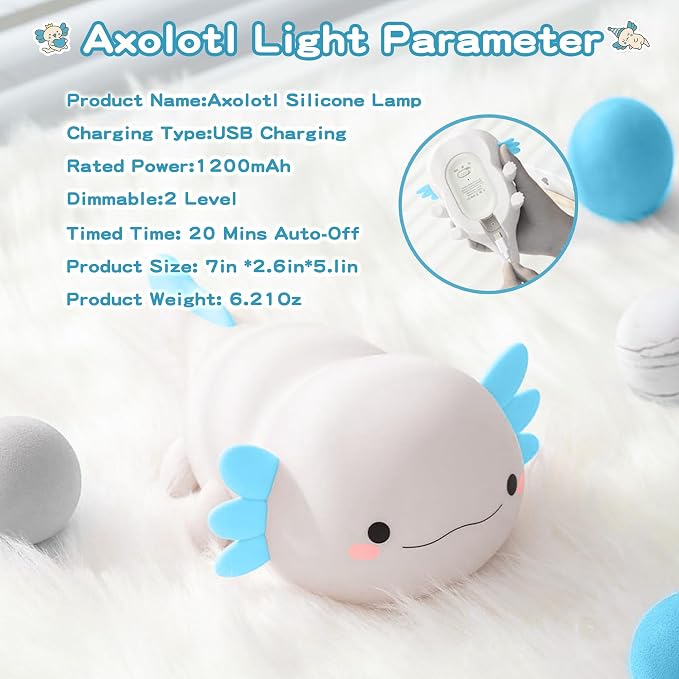 FAMIDUO Axolotl Night Light,Squishy Silicone Bedside Touch Lamp for Kids | Food Grade Silicone Nursery Light,Rechargeable/Dimmable/20Min Timer Axolotl Lamp,Baby Room Decor, Cute Gifts for Boys/Toddler