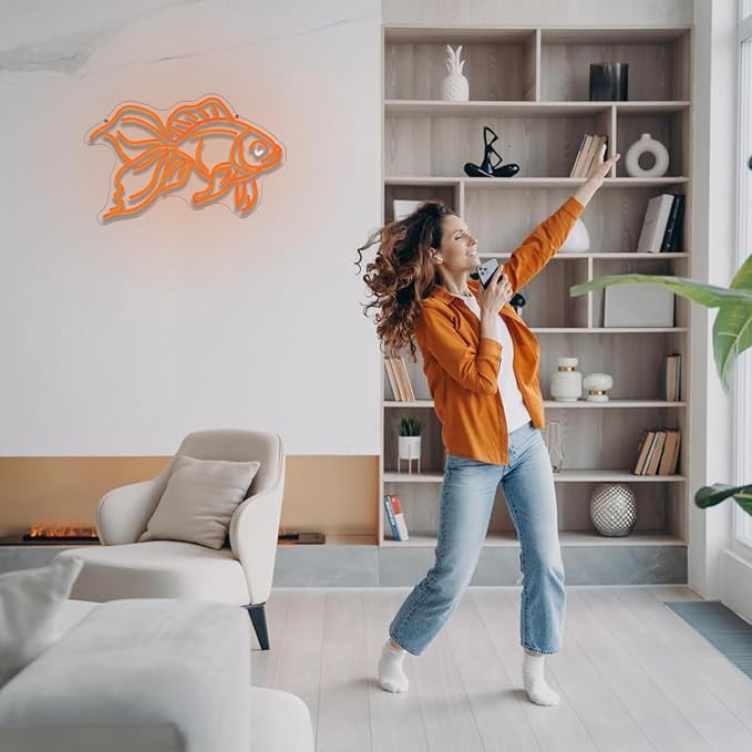 Goldfish Neon Sign for Wall Decor Fish Neon Light Sign Ocean Neon Light Dimmable LED Neon Sign USB Light Up Sign for Bedroom Restaurant Fishing Shop Store Club Room Man Cave