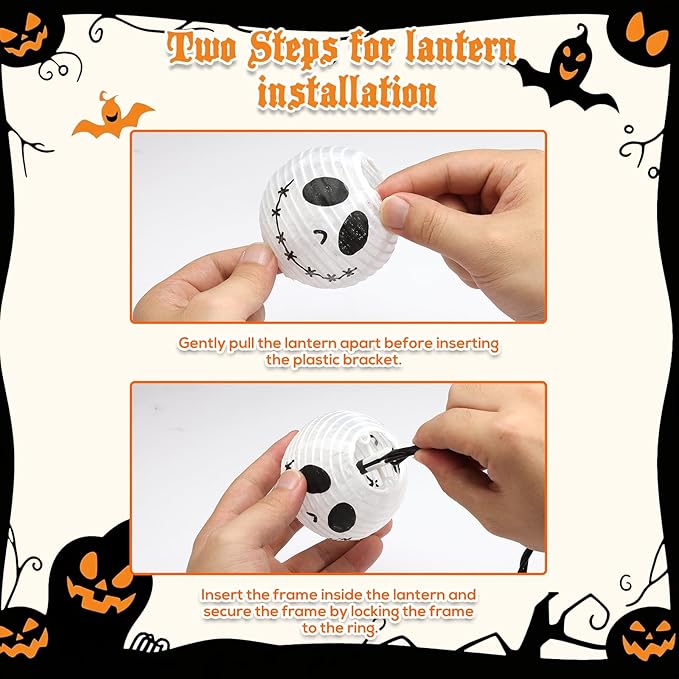 Halloween Decorations Ghost Lantern String Lights Plug in, 10 Pack Ghost Jack Skellington White Lantern Lights with Black Cord, Spooky Lights Outdoor for Halloween Spooky Mantel Decor