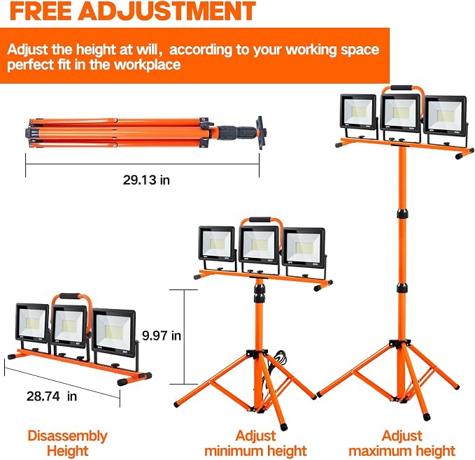 22000 Lumen Work Lights with Stand, 3 Head Portable LED Work Light, with Adjustable&Foldable Tripod Stand, IP66 Waterproof Lamp for Outdoor Indoor Job Site Workshop Garage Construction Site Lighting