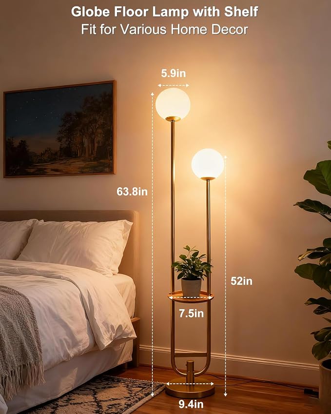 Lightdot 63IN Gold Floor Lamp with Table 2 Globe Mid Century Standing Lamps with 3000K LED Bulbs Unique U-Pole Vintage Floor Lamp with 5Lbs Heavy Base for Living Room/Party/Sofa Beside/Corner Decor