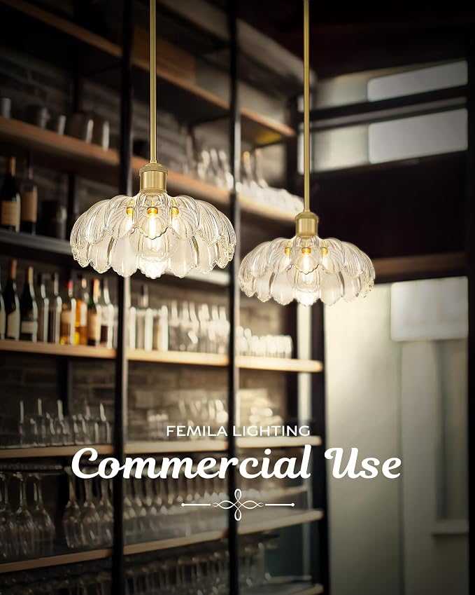 FEMILA Vintage Gold Flower Glass Pendant Light for Kitchen Island | 10.4" floral glass hanging light fixtures, adjustable height up to 51.8", E26 base, flat, sloped or vaulted ceiling mount
