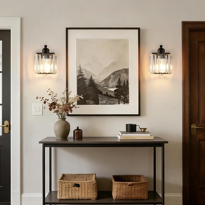 BELS 8 Inch Battery Operated Wall Sconces Set of 2, Farmhouse Black Wall Lights Fixture with Crystal Shade, 3 Colors Temperature, Remote Control, Dimmable, Wall Sconces for Mirror, Bathroom, Bedroom
