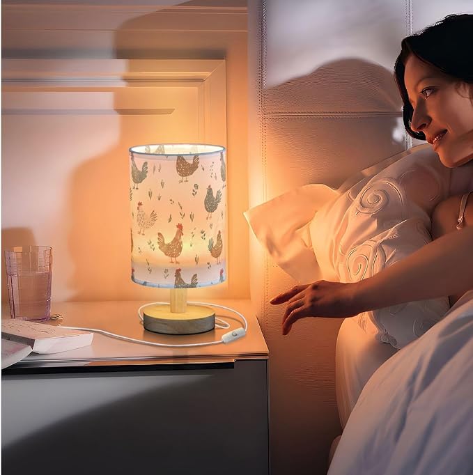 Cute&Simple Deigned Chicken Hen Bedside Table Lamps with USB Port for Bedroom Lamp Accent Table Lamp Small Nightstand Lamp Sturdy Linen Shade Wooden Base Decorative Lamps for Kids|Reading|Dorm|Home