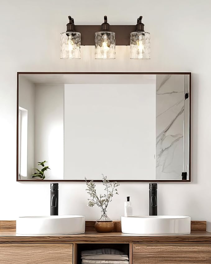 3-Light Bathroom Vanity Light,Hammered Glass,Oil Rubbed Bronze | 19.6 Inch Over Mirror Wall Light,E26 sockets,for bathroom mirror,powder room,dressing area