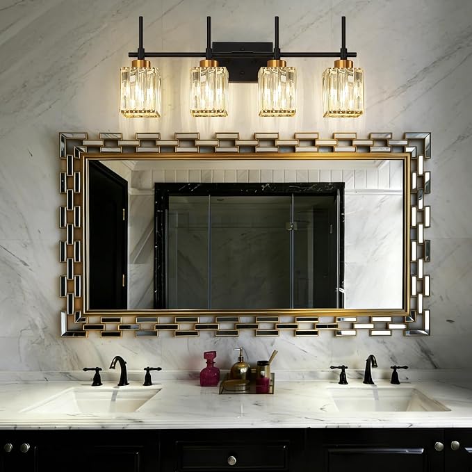 Torondo Modern Crystal Bathroom Vanity Light 4-Lights Gold Bathroom Light Fixtures Over Mirror Black and Gold Vanity Lighting Fixtures Gold Square Shade Brass Wall Sconce (Bulbs Not Include)