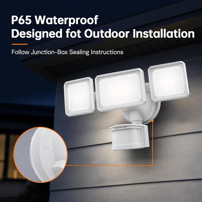 LED Security Light 240° Dual PIR 100 FT Motion Sensor Outdoor | 7000LM Adjustable Brightness, Hardwired Flood Light, 5000K Daylight, Dusk to Dawn, IP65, Easy Install, Garage, Porch, Yard