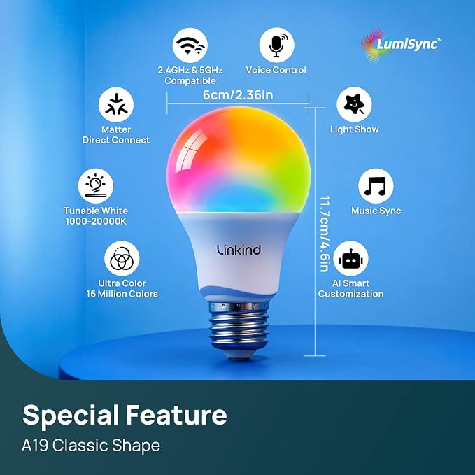 Linkind Matter Smart Light Bulbs 5GHz, Compatible with Alexa/Apple Home/Google | UltraColor 1100LM Color Changing Light Bulbs, 1000-20000K, Music Sync, Dotis AI, A19 2.4G & 5G WiFi 6 Bluetooth, 4Pack