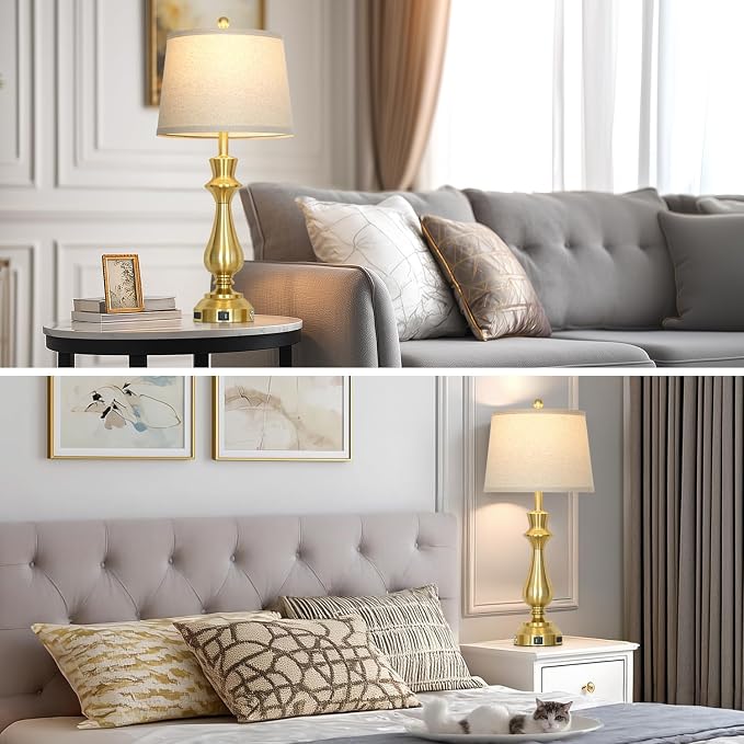 Modern Gold Table Lamp for Living Room,30" Tall Bedside Lamp with USB Charging Port,3-Way Dimmable Touch Nightstand Lamp for Bedroom Desk Side Table Office,Gold-1P