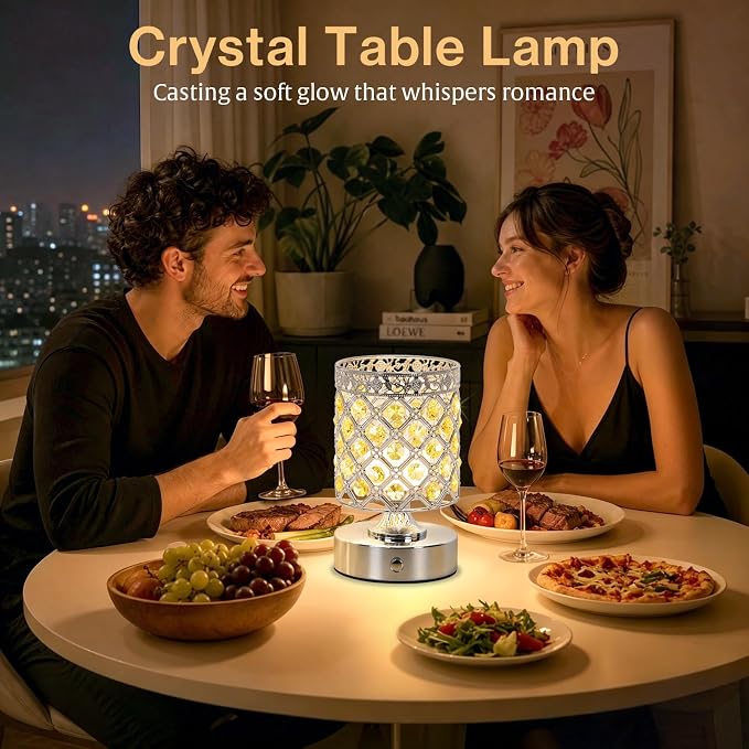 Yellow Crystal Rechargeable Cordless Table Lamp, Touch Small Desk Lamp | 6000mAh Battery, 3 Color Temps, Stepless Dimming, USB Charging, Portable Wireless Night Light for Bar Bedroom Living Room