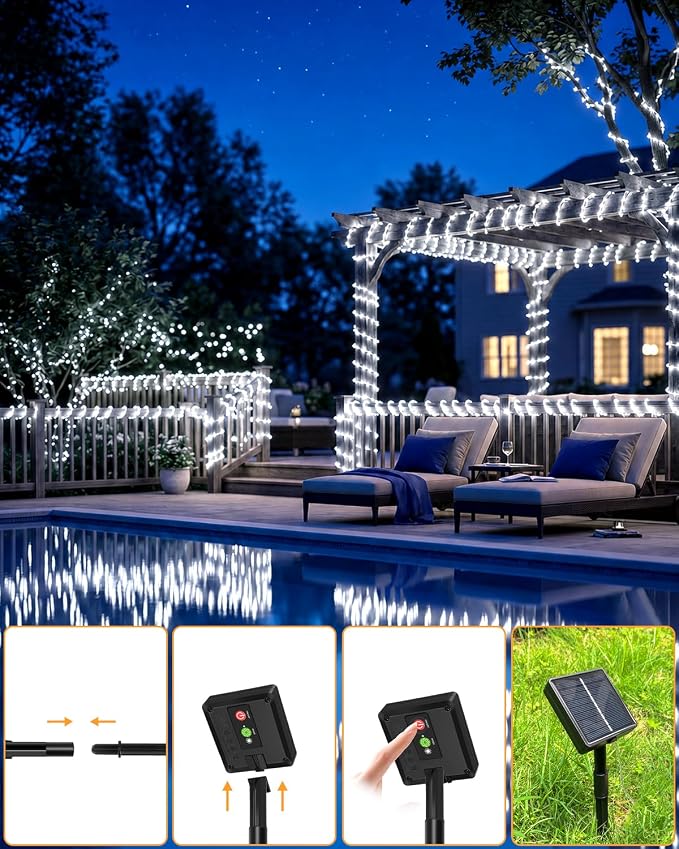 btfarm Solar Rope Lights, 120LED 46FT String Lights Outdoor Waterproof | 2 Pack 8 Modes, Timer Memory Function, Tube Trampoline lighting for Outside Garden Tree Christmas Yard Patio Decor,Cool White
