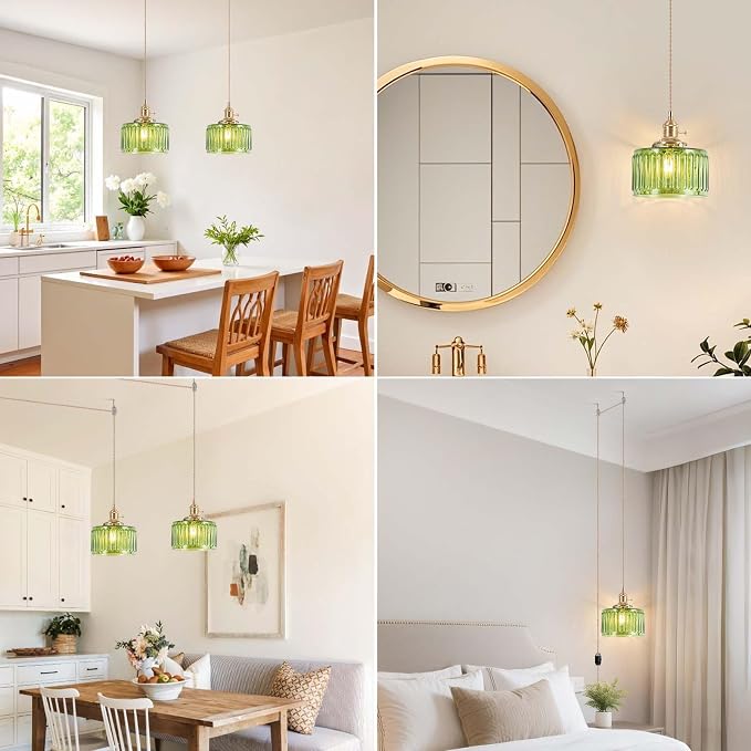 Pendant Light Fixtures,Plug in Hanging Light Fixture Green Glass 6.6in Pendant Light,E26 Pendant Lighting for Kitchen Island, Bedroom, Dining Room, Living Room