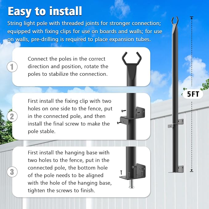 AHRLHR 2 Pack String Light Poles,4 Ft String Light Poles for Outside with Fixing Clips,Metal Poles for Outdoor String Lights, Hanging Light Poles for Deck Fence Garden Backyard Wall Bistro