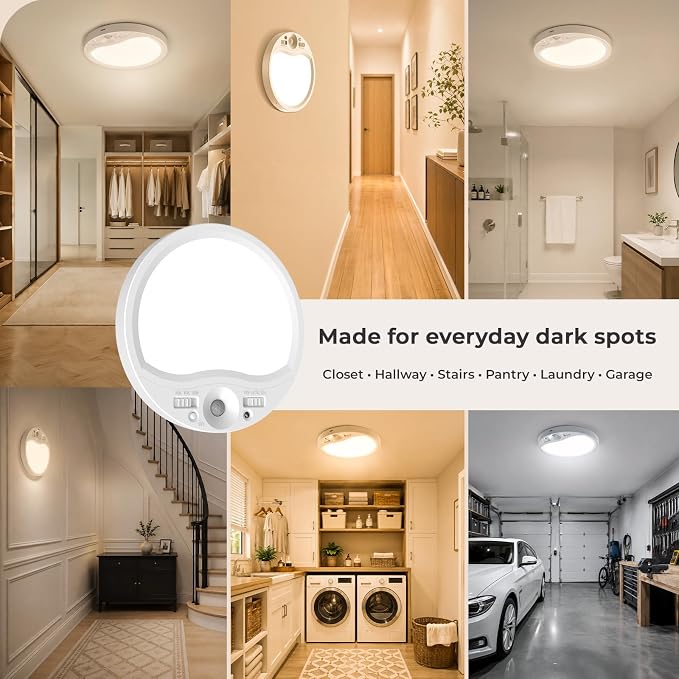 TANBABY Rechargeable Motion Sensor Ceiling Light Indoor with Remote, 4 Pack | Wireless LED Shower Light, 8000mAh Battery Long Lasting Closet Light, 3 Color Dimmable, Timer, No Wiring for Hallway Pantry