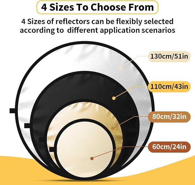 24/32/43/52in Reflector Photography,5 in 1 Light Diffuser with Panel &Bag Light Reflectors for Photography, Ideal for Content Creator Essentials&Photographer in Silver,Gold,White and Black