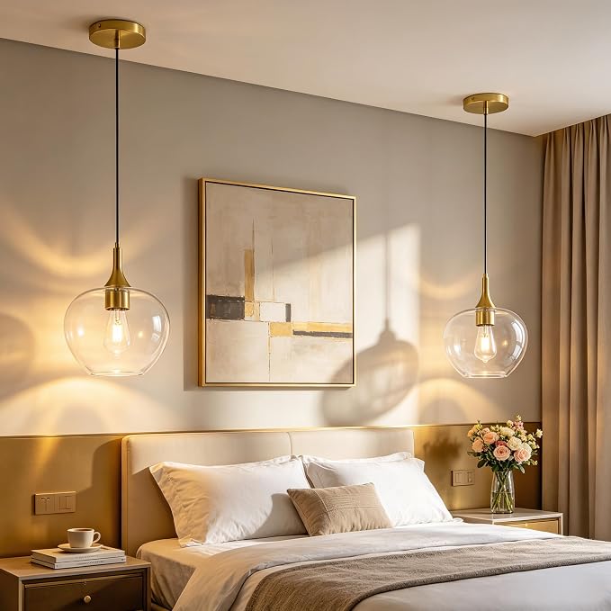9.45in Gold Pendant Lights Kitchen Island with Clear Glass Shade 2Pack | Handcrafted Glass Pendant Light Fixtures, UL Certified, E26 Base 100W Max, Height-Adjustable, Dimmable Hanging Pendant Light