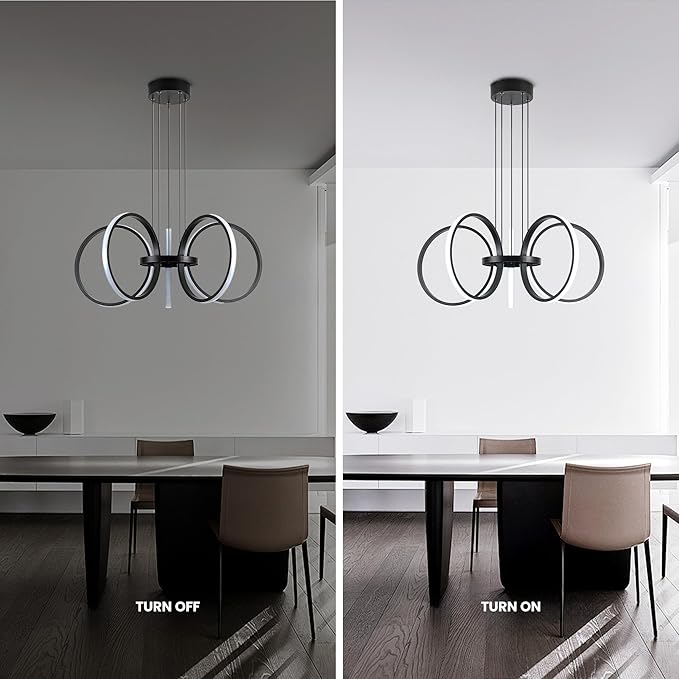 Mayful Modern LED Chandelier, Black Pendant Light with 5 Rings, Adjustable Height Modern Chandeliers for Dining Room Living Room Kitchen Bedroom Entryway,6000K Daylight