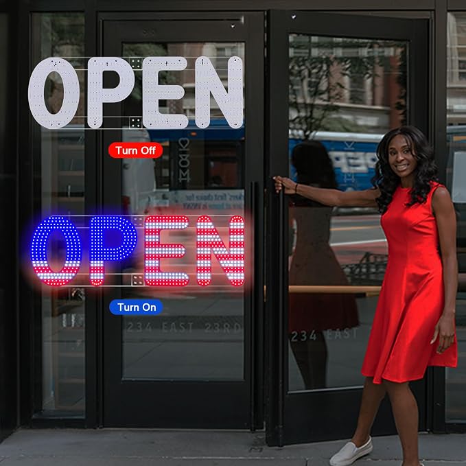 30"x10" Open Sign, LED Open Sign for Business, Ultra Bright Dimmable with 3 Scene Modes, Large Illuminated Business Sign for Storefront Window, Cafe, Bar, Restaurant, Salon (US Flag Design)