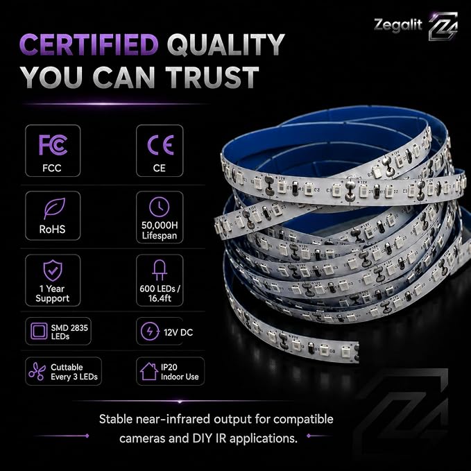 940nm IR Illuminator LED Strip Light, 600 LEDs High Density Infrared Tape (SMD 2835), Zero Glow Invisible Night Vision for Covert Security Camera, Wildlife, VR Tracking, 16.4ft/5m 12V