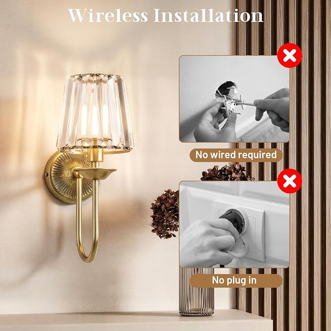 Brass Battery Operated Wall Sconces Set of Two, Crystal Wireless Rechargeable Wall Lights with Remote, Dimmable 3 CCT and 12 RGB Cordless Wall Lamps for Bedroom Living Room Hallway Decor