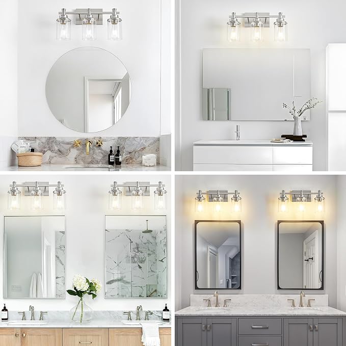 Brushed Nickel 3-Light Vanity Lights with Clear Glass Shade, Modern Bathroom Vanity Light Over Mirror, Kitchen Bedroom Hallway Cabinet Wall Lamp