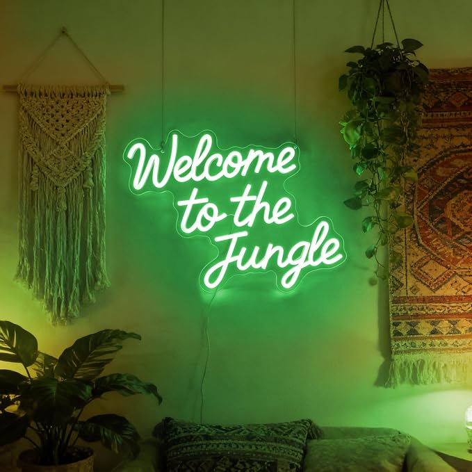 Welcome to the Jungle Neon Sign Green Jungle Decor Dimmable Rainforest Sign | LED Jungle Letter Lights for Rainforest Party,Classroom,Nursery,Home Entryway,Room,Garden Front Porch Decoration, USB Powered