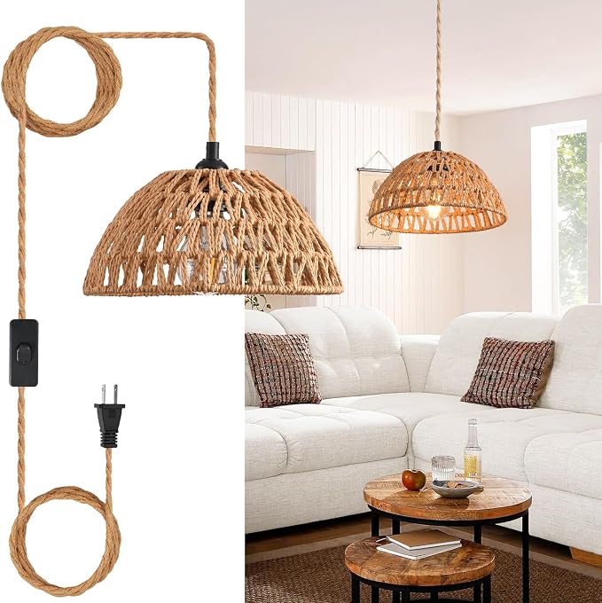 2 Pack Plug in Pendant Light 10.2" Rattan Hanging Lamp with Switch,Hemp Rope Cord Boho Woven Wicker Lampshade Hanging Lights with Plug in Cord Ceiling Light Fixture for Living Room Bedroom Kitchen