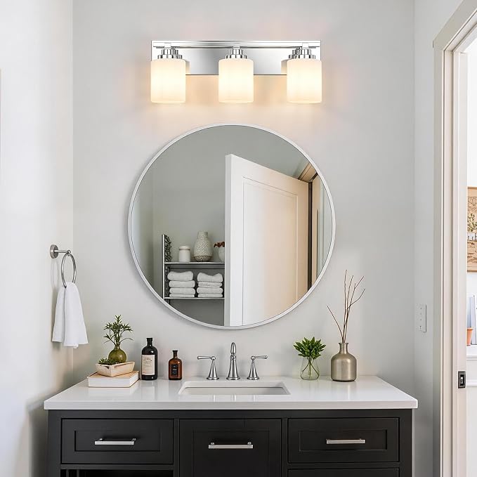 Modern Bathroom Lighting Fixtures Over Mirror, Vanity Lights for Bathroom, Wall Sconces with Milky White Glass Shades, E26 Ceramic Socket, 3-Light 19.7-inch Chrome