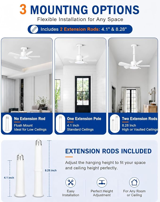 Ceiling Fan with Light, 17'' Flush Mount Low Profile Fan for Bedroom &Patio | Quiet Reversible DC Motor, 6-Speed, 3-Color Temp Dimmable LED Light with Remote & Timer, Indoor Small Ceiling Fan White
