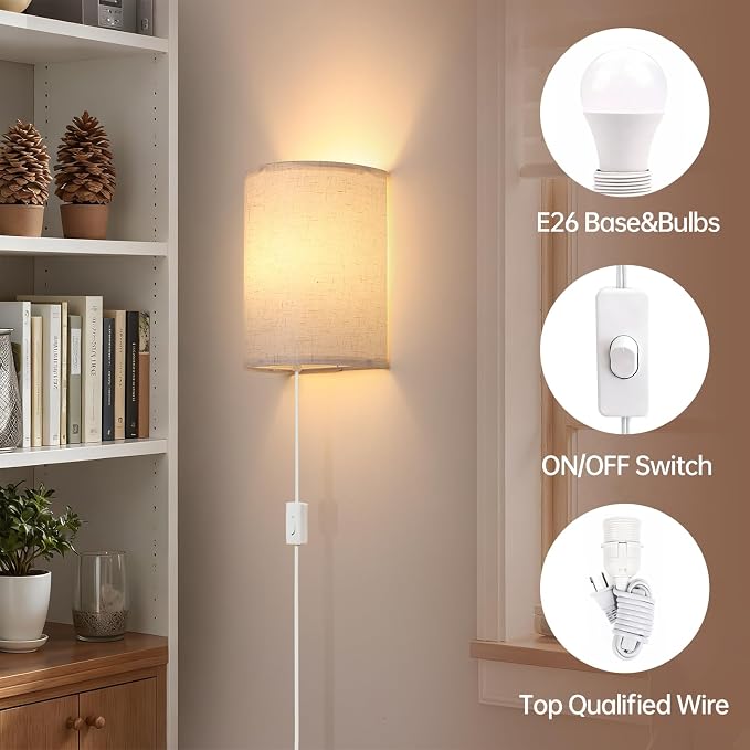 Shenmoyl Plug in Wall Sconces Set of Two Wall Lights with On/Off Switch - Stepless Color Temperature Wall Mount Lamps - Fabric Linen Wall Sconce for Bedroom Living Room - Indoor Corded Wall Sconces