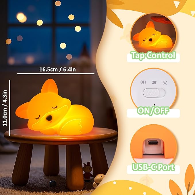 Fox Night Light, Cute Fox Silicone Night Light Gifts for Kids, Fox Lamp for Girls Boys Child Baby Nursery, Animal Light with Touch Control, Timer and USB Rechargeable