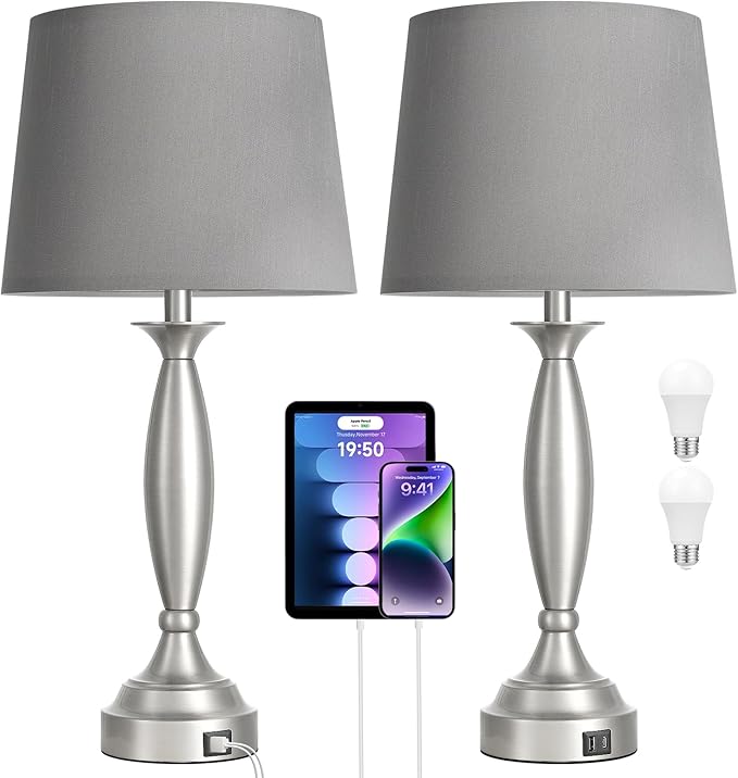 25.5" Lamps for Bedrooms Set of 2 - Touch Bedside Lamp with USB C+A, 3 Way Dimmable Nightstand Lamps with USB Port, Brushed Nickel Table Lamp for Living Room Bed Side End Table(bulbs included)