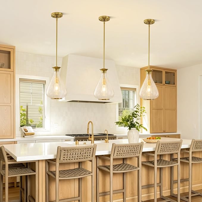 2 Pack Modern Pendant Lights Kitchen Island, Brushed Gold Pendant Light Fixtures with 8.5" Clear Crack Glass Shade, Industrial Hanging Pendant Lights Fixture for Kitchen Island Dining Room Entryway