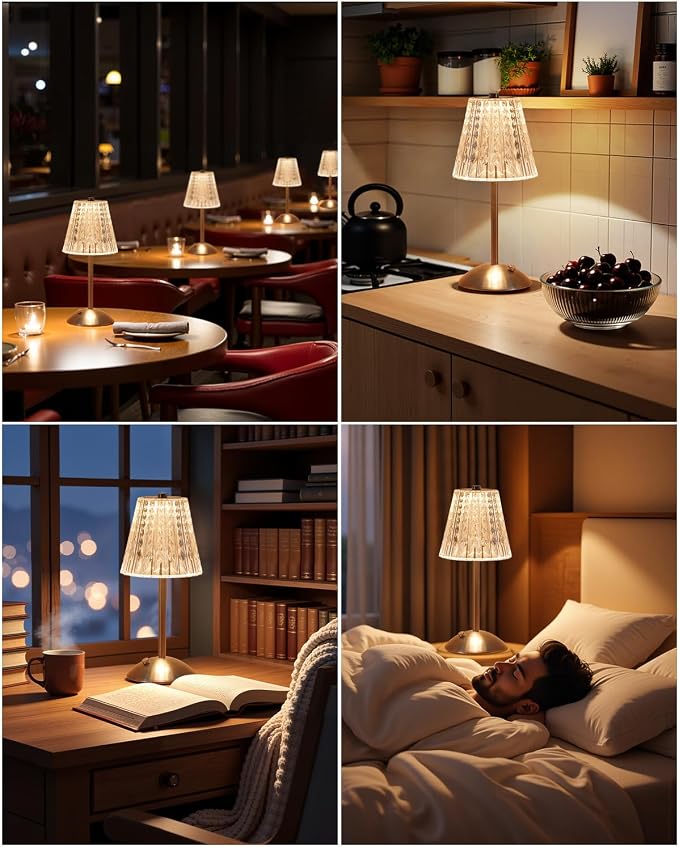 Nusogon 2 Pack Cordless Touch Table Lamp, LED Rechargeable Small Dask Lamp | 3 Colors Dimmable Silver Battery Operated Crysta Lamp for Bedroom Restaurant Kitchen Home Decor