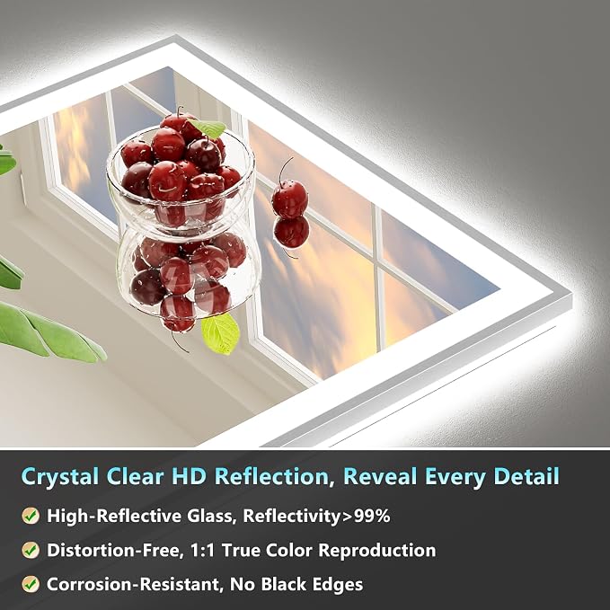72x36 Inch Brushed Nickel LED Bathroom Mirror, Backlit & Front Lit | Silver Framed Anti-Fog Lighted Vanity Mirror with Lights, 3 Color Dimmable, Memory, HD Tempered Glass, CRI95, IP54, UL Listed