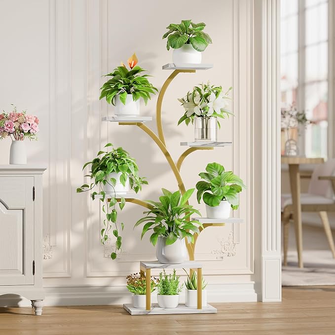 BACEKOLL Plant Stand Indoor with Grow Light, 7 Tier 49" Lighted Plant Shelf | Tree-Shaped Tall Holder with Full Spectrum Light for Indoor Growing, Sturdy Metal, for Home Corner, Space-Saving, Faux Marble