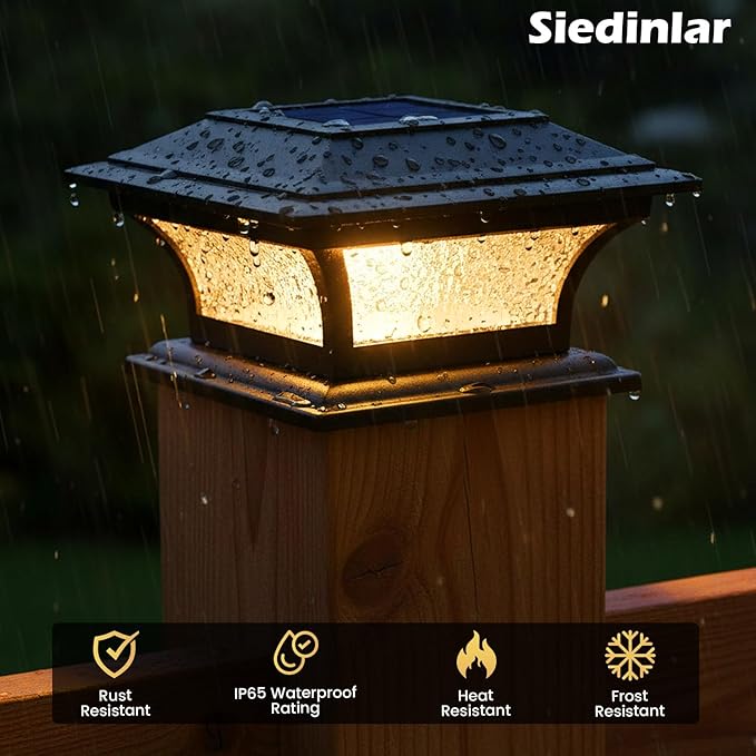 SIEDiNLAR Solar Post Lights Outdoor Glass LED Fence Cap Light 2 Modes for 4x4 5x5 6x6 Posts Deck Patio Garden Decoration Warm White/Cool White Lighting Black (4 Pack)