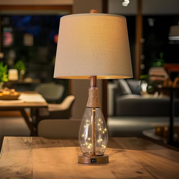 23" USB A+C Table Lamp for Bedroom Living Room Modern Bedside Lamps Retro Farmhouse Rattan Glass Nightstand Nightlight Lamps,Two Light Points
