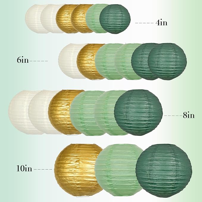 21-Pack Sage Green Paper Lanterns, Gold Round Hanging Decorations | Set for Graduation, Wedding, Bridal Shower, Birthday, Neutral Baby Celebration & Classroom Decor, 4/6/8/10 Inches