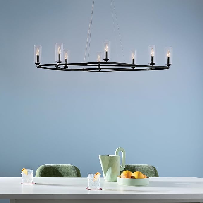 Kichler Harpin 8-Light Linear Chandelier, Sloped Ceiling Compatible, for Dining Room or Kitchen with Clear Glass in Black