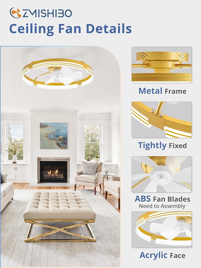 ZMISHIBO Low Profile Ceiling Fans with Lights and Remote, 24" Gold | 3000K-6000K Dimmable Fandelier LED, Flush Mount, 6 Wind Speeds, Reversible, Timer, Bedroom, Living Room, Kitchen, Kids Room