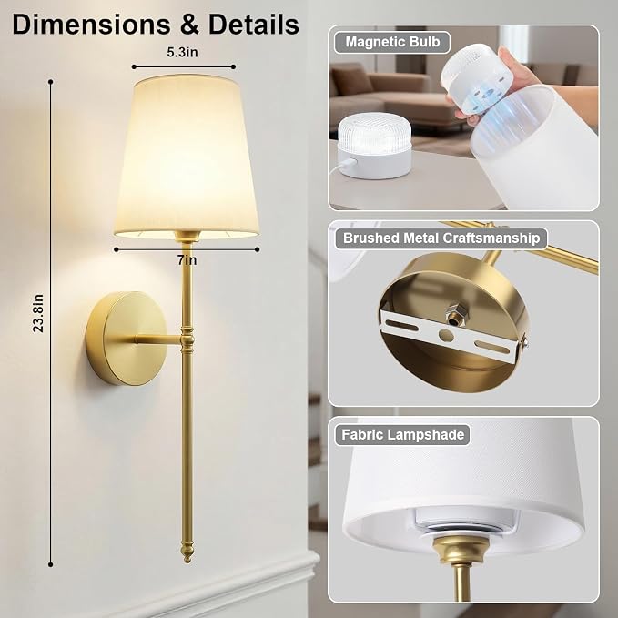 Wall Sconces Set of Two, Battery Operated Rechargeable Wireless Sconces Wall Decor with Remote, RGB Dimmable Wall Lamp for Bedroom Living Room Hallway (Gold)