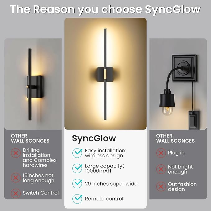 10000mAh Battery Operated Wall Sconces Set of 2, Black Gold, 29 Inch, 3CCT | Renter Friendly, Rechargeable Wall Lights, Remote Control, 360° Rotate, Dimmable, LED Cordless Lights for Bedroom Living Room