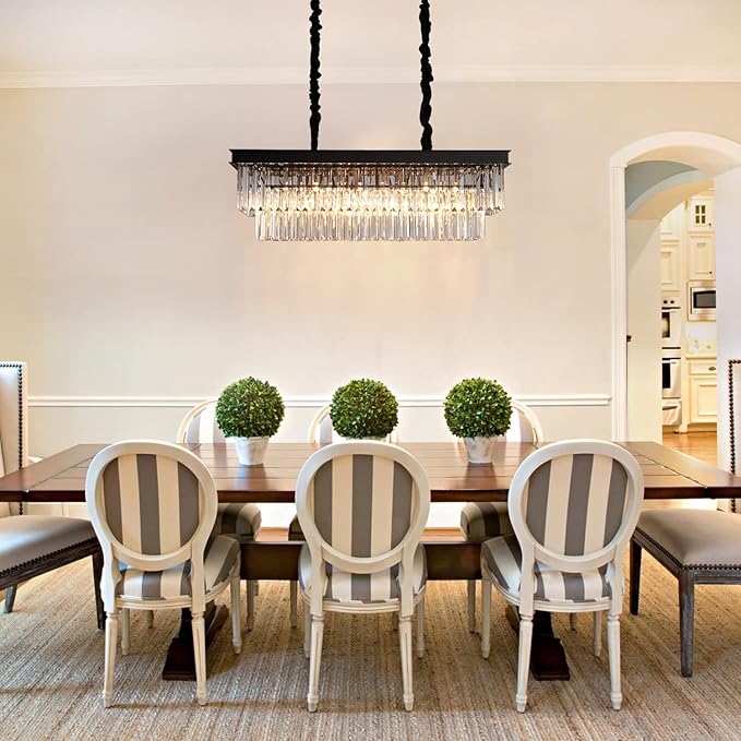 Crystal Chandelier for Dining Room,Rectangular Black Chandelier Modern Rectangle Pendant Light Fixtures for Kitchen Island L33” K9 Contemporary Long Chandelier