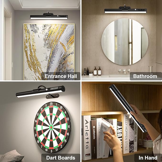 Hapfish Motion Sensor Battery Operated Wall Sconce,Wireless Picture Lights | Rechargeable Magnetic Art Lighting with Remote Control, Battery Picture Light for Wall Poster Dartboard Mirror - Black
